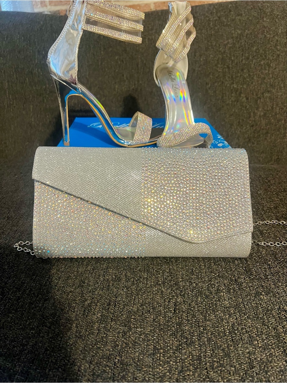 Rhinestone Evening Clutch and heels in Silver